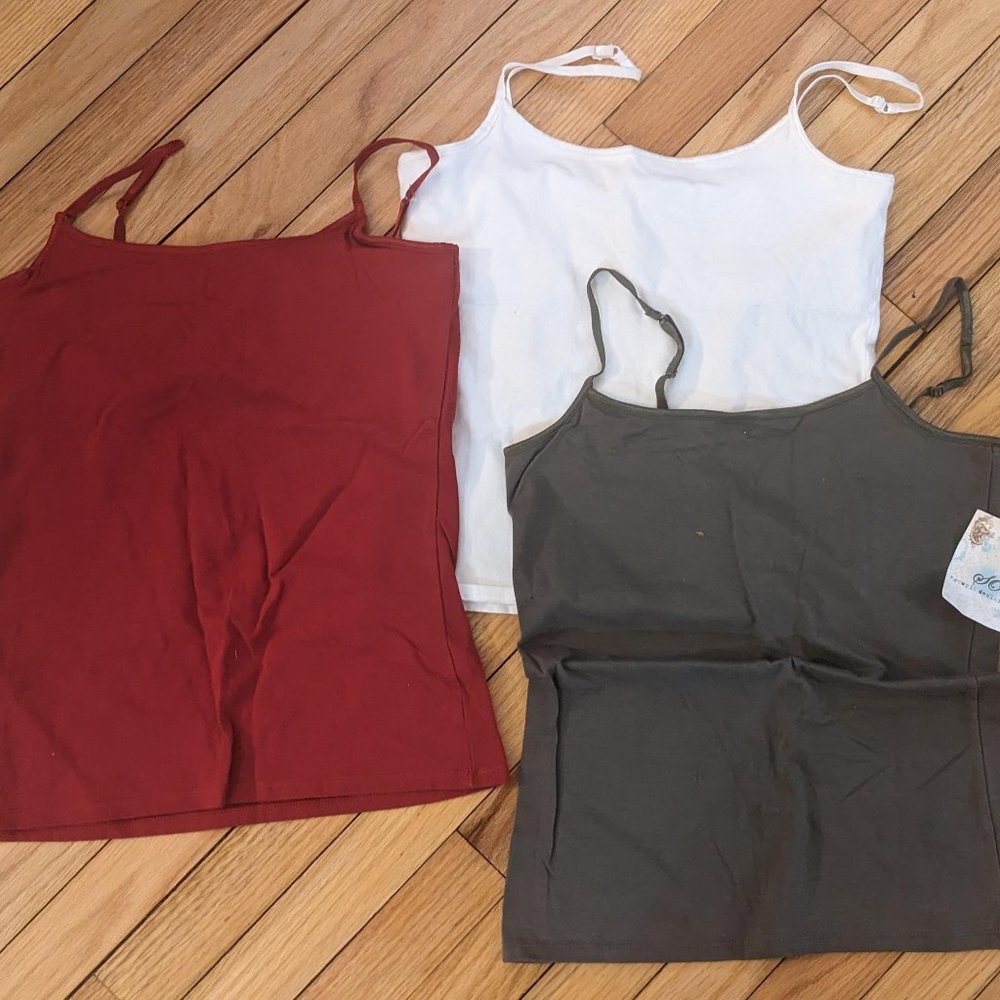 Set of 3 So Camisoles White (L) Olive Green (M) Red (M) with chest support bands